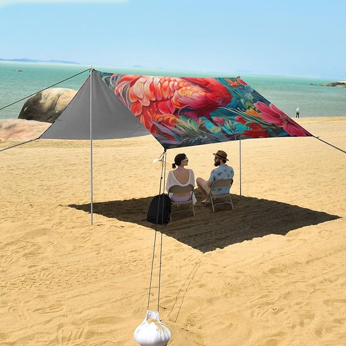 ALAZA Tropic Flamingo Flowers Chameleon Beach Tent Sun Shelter Portable Canopy Sunshade for Outdoor Camping Picnics Backyard Fun 10x9 ft