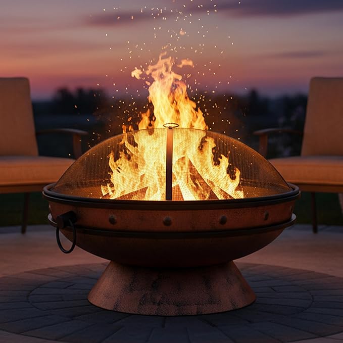 Sunnydaze 30-Inch Large Outdoor Fire Pit - Wood Burning Fire Pit for Outside with Poker and Screen - Copper Finish - Royal Cauldron