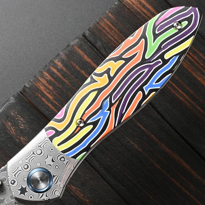 Sitivien ST273 Damascus Steel Blade Folding Knife Colorful G10 &amp Damascus Handle with Ball Bearing for Outdoor Camping Hiking Fishing (Color)