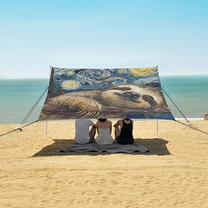 ALAZA Cute Sloth Starry Night Sky Beach Tent Sun Shelter Portable Canopy Sunshade for Outdoor Camping Picnics Backyard Fun 10x9 ft