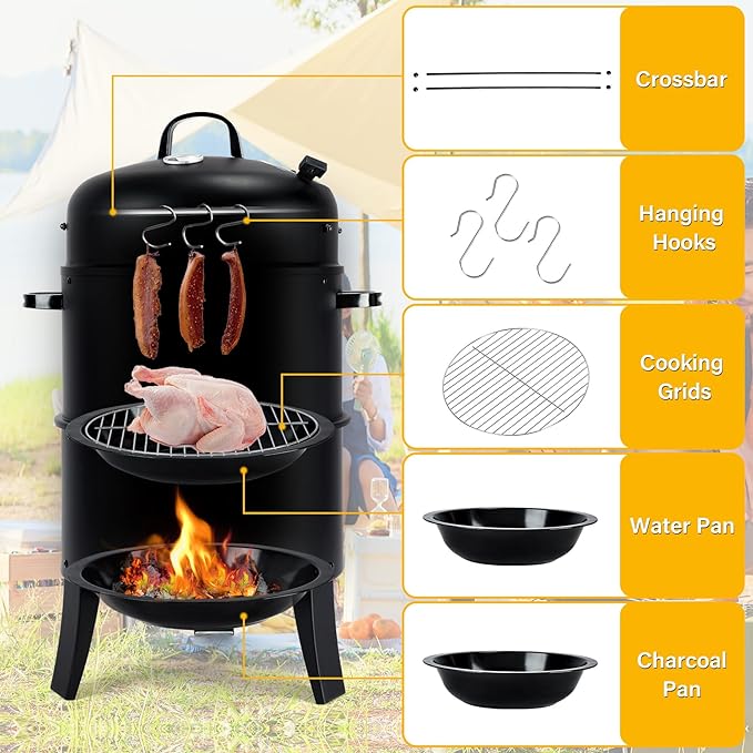 TCFUNDY 32 Vertical Charcoal Smoker Grill Heavy-Duty BBQ Grill with Built-in Thermometer 3 in 1 Grill and Smoker Portable Meat Cooker with Air Vent for Outdoor Barbecue Cooking