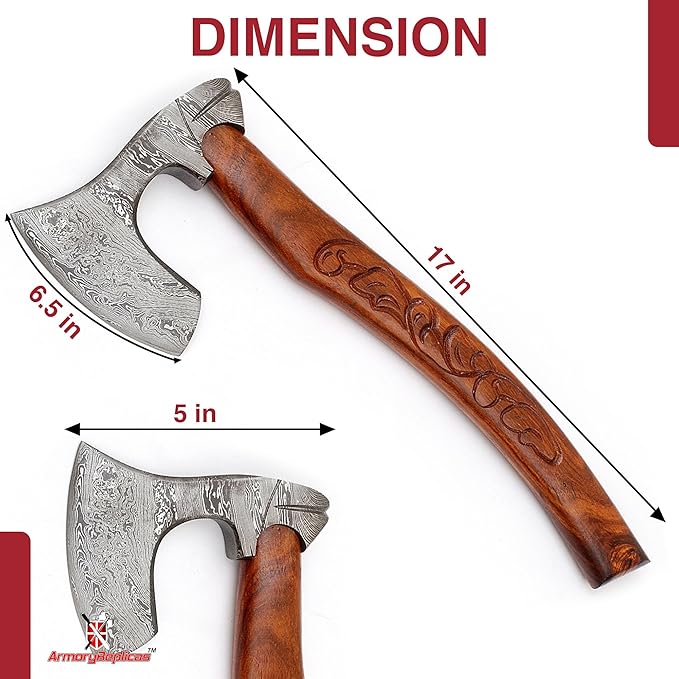 Armory Replicas™ Hand-Forged Damascus Steel Bearded Axe - 520 Layer True Damascus Blade 58-60 HRC | Sheesham Wood Handle with Floral Carvings