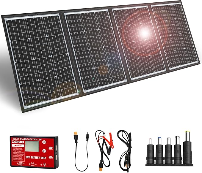 DOKIO 200W 36V Portable Foldable Solar Panel Kit Compact 19x26.4in Design 9.7lb with Standalone Controller and USB Monocrystalline Charger for 24V Batteries Power Stations RV Camping Emergency Use