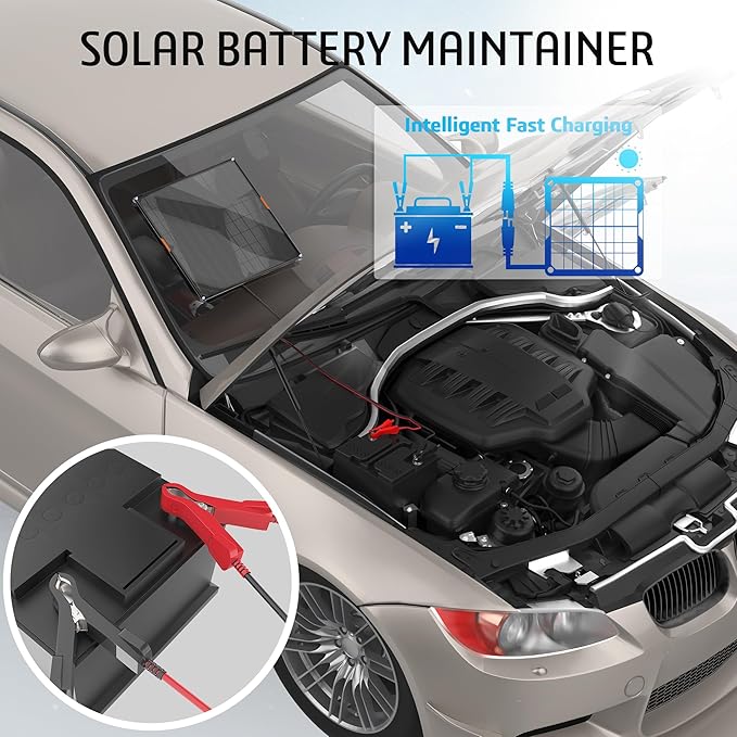 OYMSAE 10W 12V Solar Panel Car Battery Charger Portable Waterproof Power Trickle Battery Charger &amp Maintainer for Car Boat Automotive RV with Cigarette Lighter Plug &amp Alligator Clip
