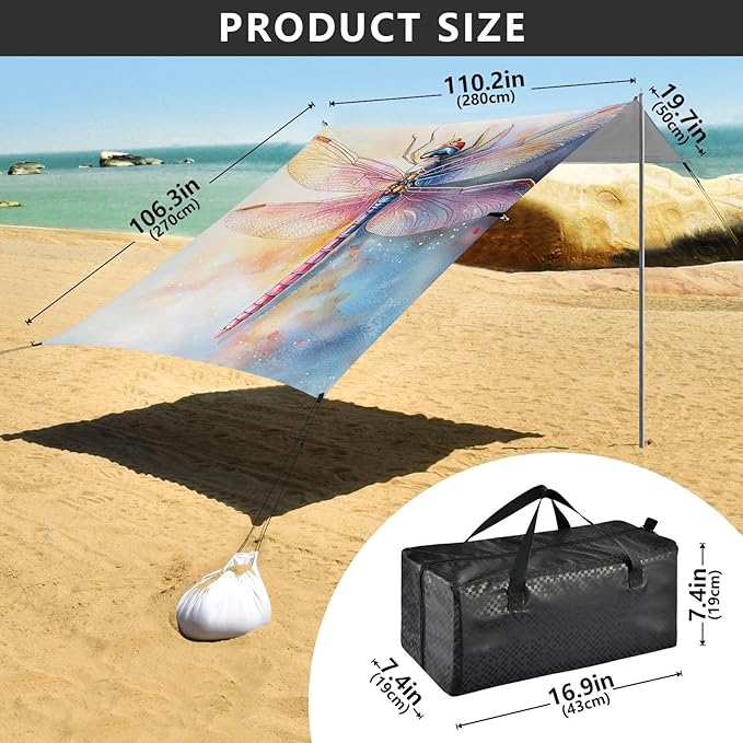 ALAZA Watercolor Dragonfly Colorful Beach Tent Sun Shelter Portable Canopy Sunshade for Outdoor Camping Picnics Backyard Fun 10x9 ft