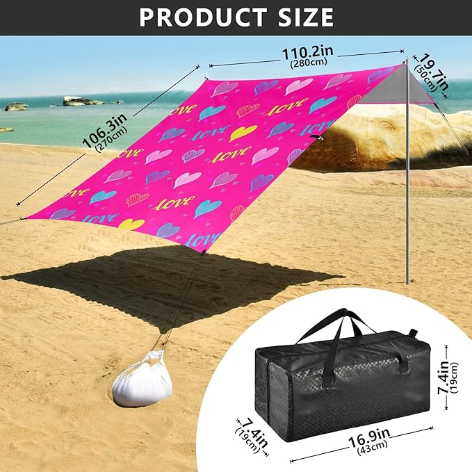 Beach Canopy with Windproof Ropes &amp Sandbags Beach Tent Sun Shade Sun Shelter for Camping Trips Fishing Backyard Fun or Picnics Hearts