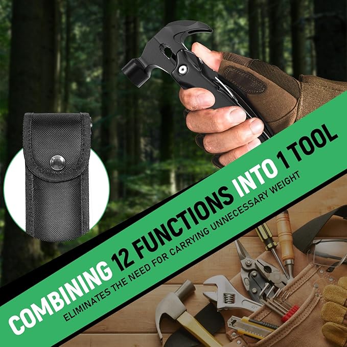DETDLIB12-in-1 Multitool Hammer Birthday Gifts for Men Essential for Camping Hiking Cool Gadget Gifts for Men. Women Dad Him Husband Father Mechanic Boyfriend Black
