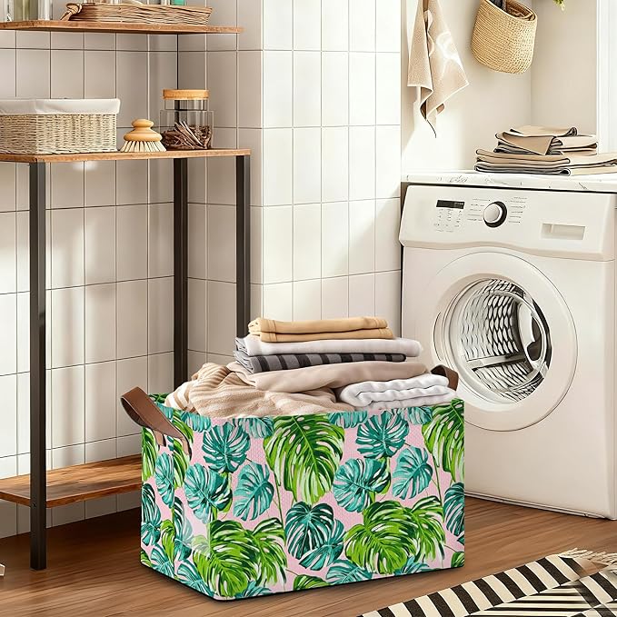 Storage Bin with Handles Palm leaves Collapsible Laundry Baskets for Books Laundry - Use in Nursery Closet Organizers and Storage Blanket Basket