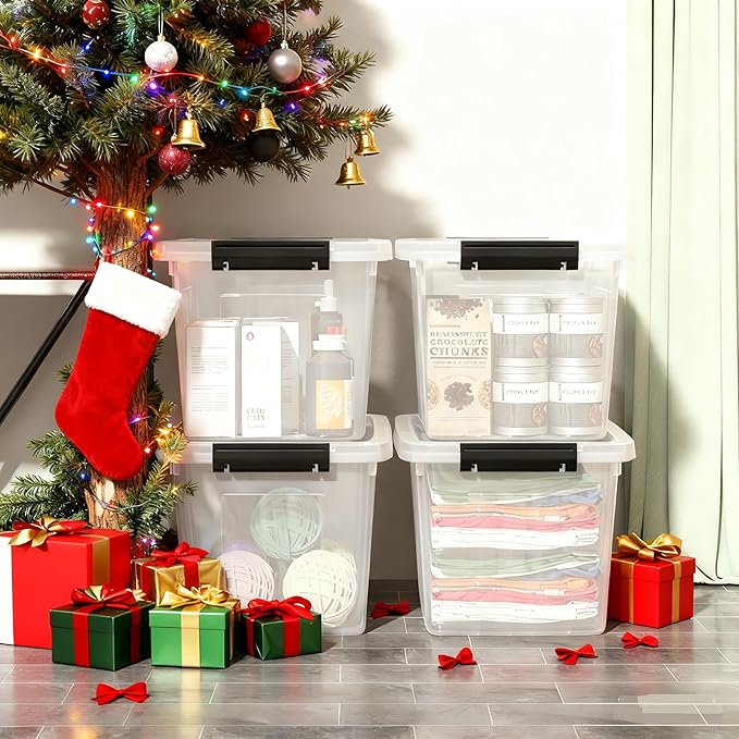 4 Pack Plastic Storage Boxes Lidded Storage Bins with Handle 20L Clear