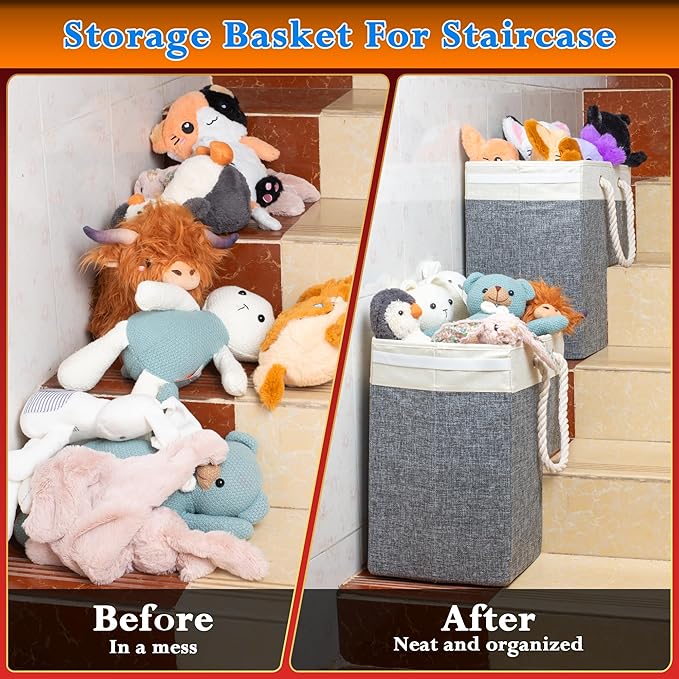 2 PACK | Stair Basket Organizer with Top Lid for Carpeted Stairs &amp Wooden Staircases. Versatile Sturdy Linen Storage Bag for Climbing Laundry &amp Shoe