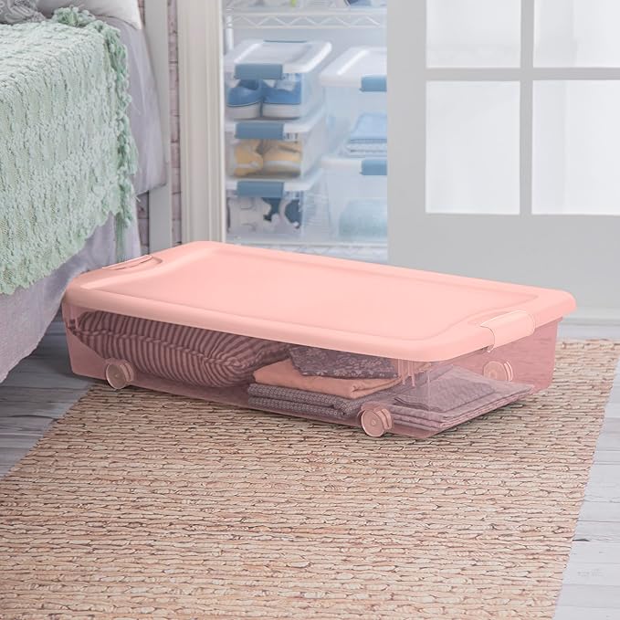 Sterilite 12 Pack Wheeled Under Bed Storage Container 56 Qt Plastic Bin w/Latching Lid for Organization - Clothes &amp Shoes Organizer Pearl Blush Tint