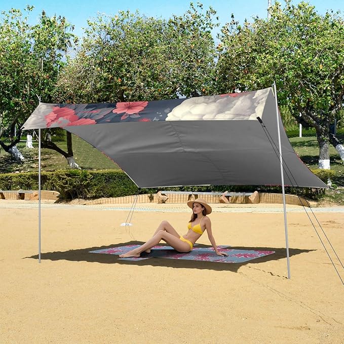 ALAZA Skull Flower Beach Tent Sun Shelter UPF50+ Protection Beach Shade Canopy w/ 4 Sandbags for Outdoor Camping Fishing Backyard Fun Picnic 10x9 ft