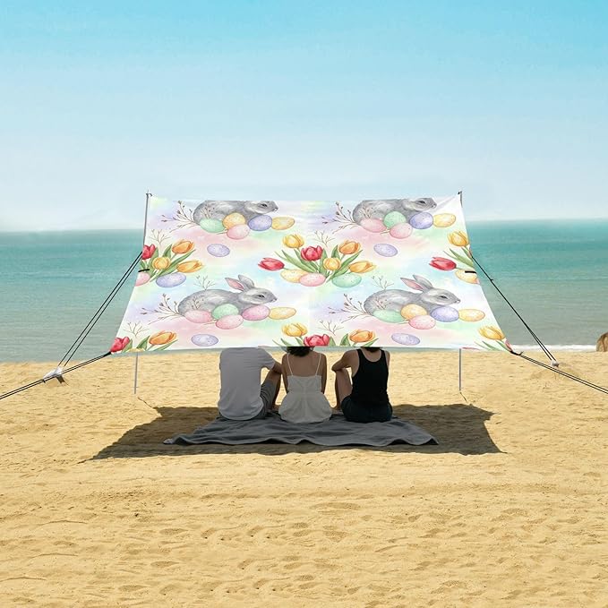 xigua Easter Rabbit Beach Tent Sun Shelter with Carrying Bag - Silver Coated Oxford Fabric Beach Canopy for Beach Camping Fishing - Includes Windproof Ropes Sandbags &amp Stakes