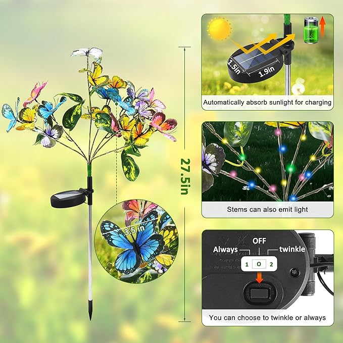 Anothera 6Pcs Solar Butterfly Lights Features Flashing or Steady-on Modes Waterproof Sunflower Garden Lights for Outdoor Patio Lawn Yard Garden Decor Gift for Mom Women Grandma