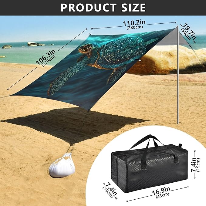 ALAZA Totem Tatto Sea Turtle Beach Tent Sun Shelter UPF50+ Protection Beach Shade Canopy w/ 4 Sandbags for Outdoor Camping Fishing Backyard Fun Picnic 10x9 ft