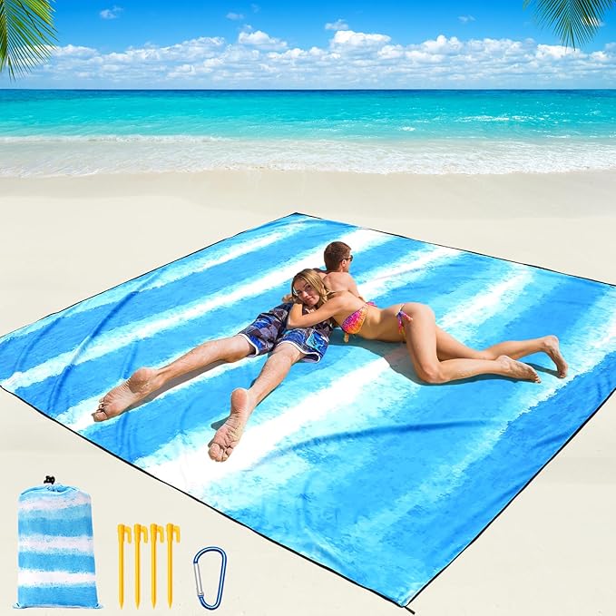 Beach Blanket Waterproof Sandproof Beach Mat 79 X 83/10'x9'for 2-8 Adults Quick Drying Outdoor Picnic Mat Beach Accessories for Travel Camping Hiking