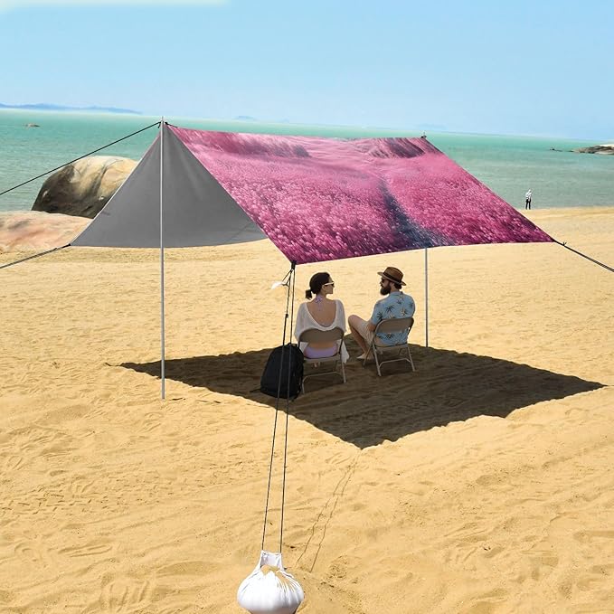 Flower Pink Field Beach Tent Sun Shelter Set UPF50+ UV Protection 10.5 x 9.19 FT Camping Shade Canopy with Sandbags Sand Anchors Carrying Bag and Others