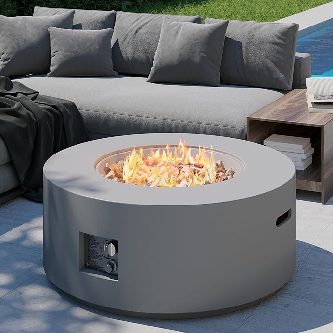 32 inch Round Propane Fire Table 50000 BTU Gas FirePit Patio Fire Pit Table with Steel Lid Rain Cover 10ft Propane Hose Lava Rocks Grey