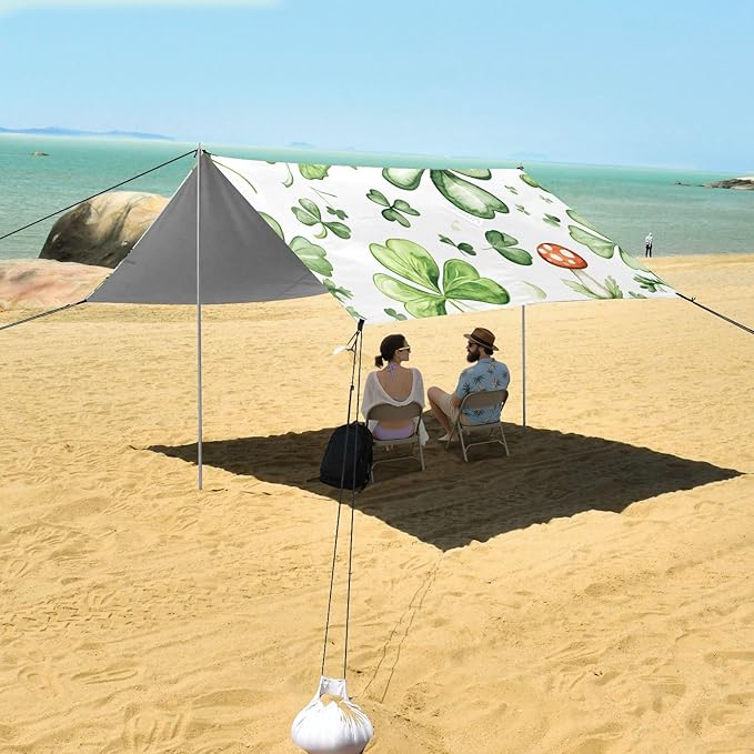xigua St. Patrick's Day Clover Beach Tent Sun Shelter with Carrying Bag - Silver Coated Oxford Fabric Beach Canopy for Beach Camping Fishing - Includes Windproof Ropes Sandbags &amp Stakes