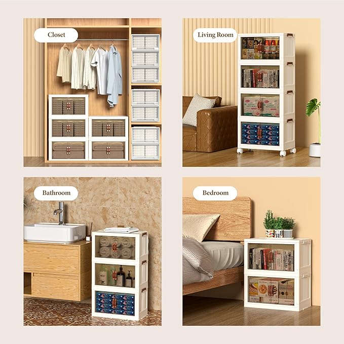 Collapsible Storage Bins with Lids - Stackable Plastic Closet Organizers for Clothes and Home Organization White (5-rack 9 Gal/rack)
