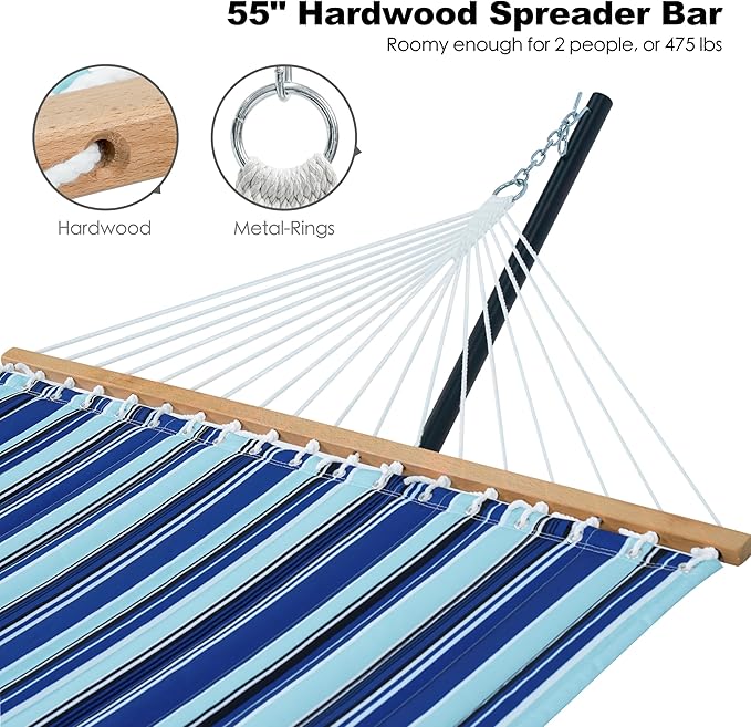GAFETE 2 Person Hammock with Stand for Outside Heavy Duty Steel Stand Double 55inch Hammocks Large Removable Pillow Storage Bags Max 475 lbs Capacity (Pacific Stripe Blue)