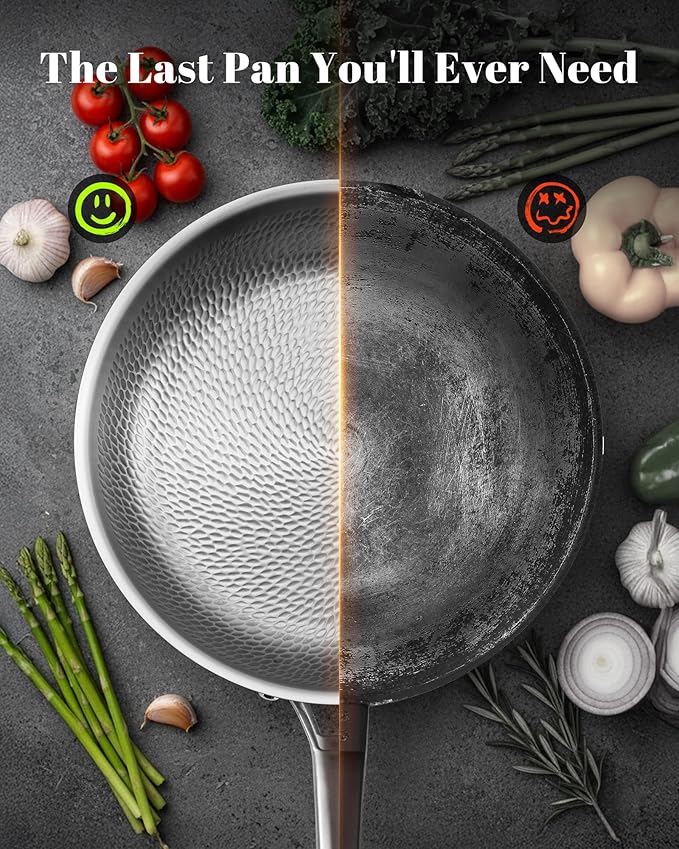 Titanium Pan 12 Inch Pure Titanium Hammered Pro frying pan with Lid Non-Toxic Skillet for Cooking PFAS/PFOA/PTFE Free Cookware Dishwasher&ampOven Safe Kitchen Induction Compatible