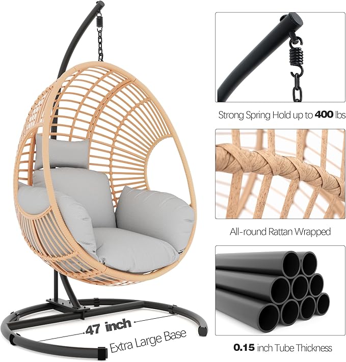 Oversized Hanging Egg Chair Outdoor Indoor Wicker Swing Egg Chair with Stand 400lbs Capacity for Bedroom Patio Garden and Balcony (Beige-Regular Oversize)