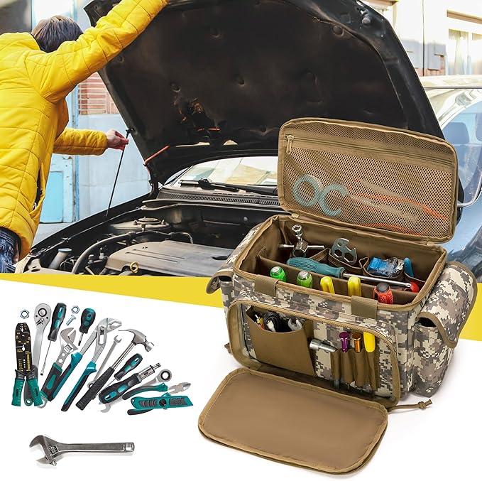 Rexmica Small Tool Bag with Anti-friction and Thick Padded Bottom Tool Storage Organizer for Men Tactical Range Bag Multi-functional Work Bag for Repairman Electrician Carpenters (Camo)