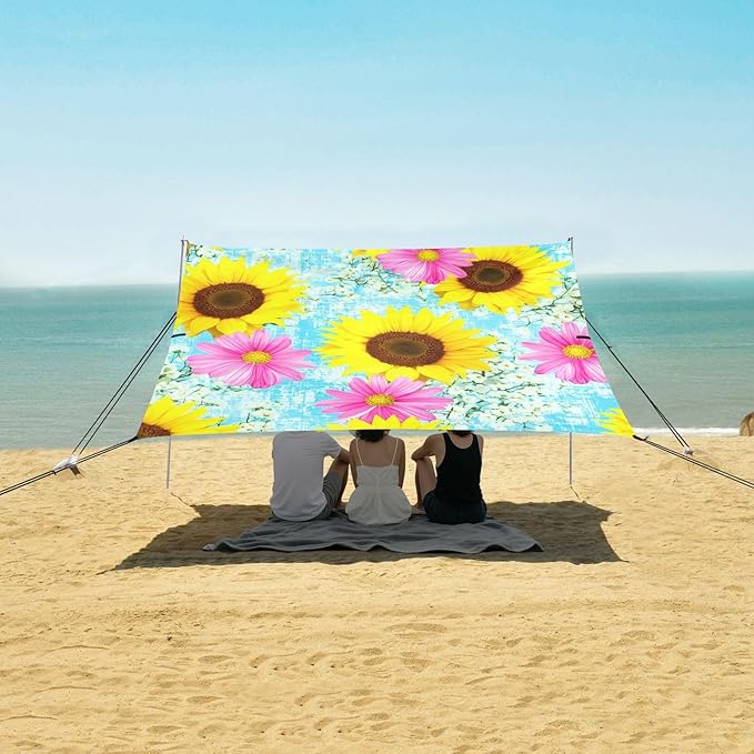 Beach Canopy with Windproof Ropes &amp Sandbags Beach Tent Sun Shade Sun Shelter for Camping Trips Fishing Backyard Fun or Picnics Sunflowers