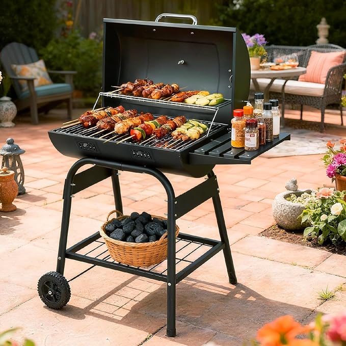 VINGLI Upgraded Barrel Charcoal Grill with 2 Sides Table BBQ Grill Outdoor Smoker with Wheels for Party Garden Patio and Backyard Cooking 39''D × 24''W × 46''H (Upgraded Grill w/Side Table)