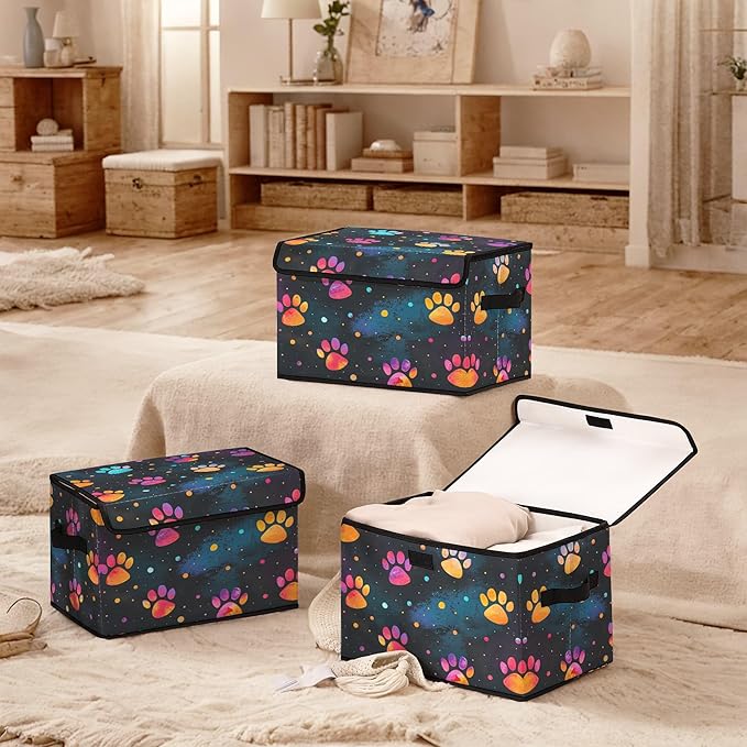 Stackable Clothes Storage Bins with LidsCloset Organizers Fabric Printing Box for Home and OfficeBlanket Clothes OrganizersUnder Bed Storage Containers 3 Pack.