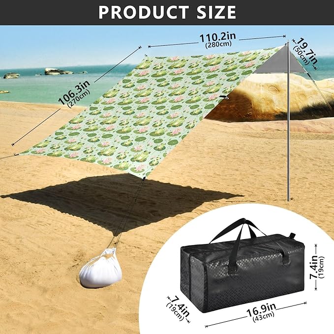 ALAZA Frog Lotus Leaf Beach Tent Sun Shelter UPF50+ Protection Beach Shade Canopy w/ 4 Sandbags for Outdoor Camping Fishing Backyard Fun Picnic 10x9 ft