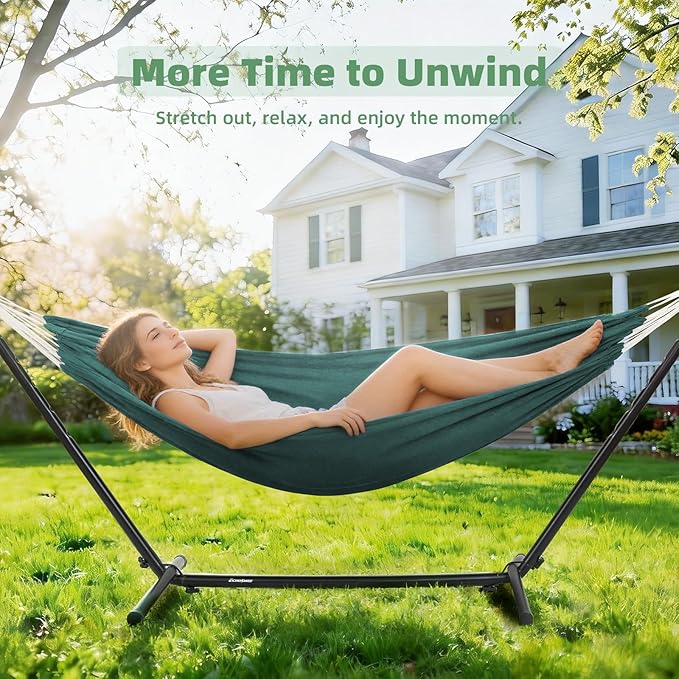 EchoSmile Double Hammock with Detachable Stand - 480 lbs Heavy Duty 2 Person Adjustable Hooks Indoor Outdoor Stand Hammock Durable Steel Frame Green