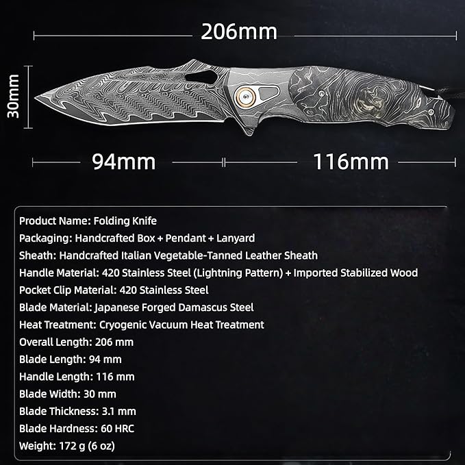 Damascus Steel Folding Knife Camping Knives &amp Tools Folding Knife HRC 60 Vegetable Tanned Leather Sheath personalized Engraving Compact Folding Knife with Pocket Clip for Camping Gift for M