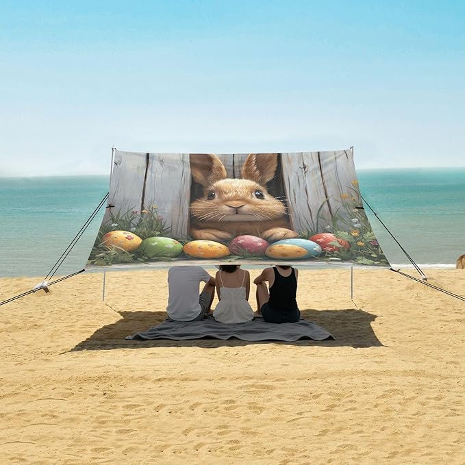 Easter Cute Bunny Beach Tent Sun Shelter Set UPF50+ UV Protection 10.5 x 9.19 FT Camping Shade Canopy with Sandbags Sand Anchors Carrying Bag and Others