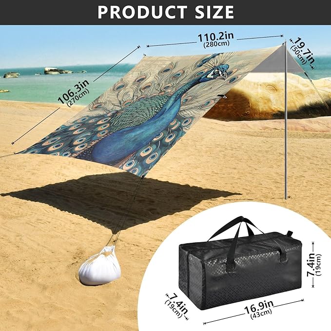 ALAZA Vintage Peacock Beach Tent Sun Shelter Portable Canopy Sunshade for Outdoor Camping Picnics Backyard Fun 10x9 ft
