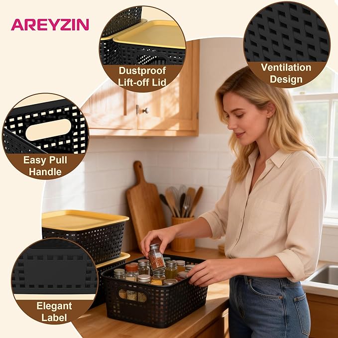 AREYZIN Plastic Storage Bins with LidStackable Storage Bins and Storage Baskets for ShelvesSmall Baskets for Organizing Small Storage Bins10.2x7.2x4.1 Inch6-Pack Black