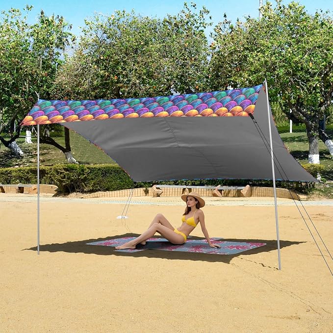 ALAZA Mermaid Print Rainbow Color Beach Tent Sun Shelter UPF50+ Protection Beach Shade Canopy w/ 4 Sandbags for Outdoor Camping Fishing Backyard Fun Picnic 10x9 ft