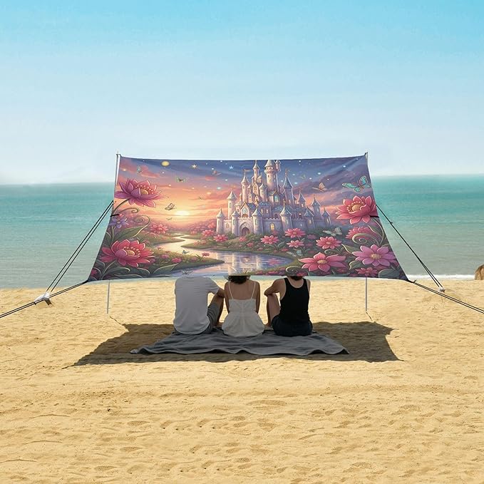 Castle Beach Canopy Sun Shelter with Sandbags &amp Sand Shovel &amp Windproof Ropes - Portable 110x126 Beach Shade Beach Tent for Camping Picnics