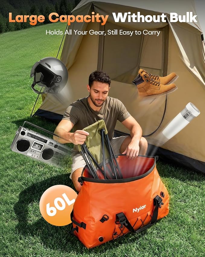 60L Waterproof Duffel Bag Motorcycle Dry Bag Backpack Heavy-Duty Roll-Top Waterproof Bag with Sealed Seams &amp Waterproof Zipper for Riding Kayaking Camping &amp Travel (Orange)