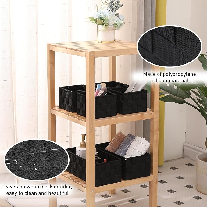 Woven Storage Bins with Lids Set of 8 Polypropylene Storage Baskets with Metal Frame Stackable Fabric Boxes for Drawers Closet Shelf Nursery and Office Black