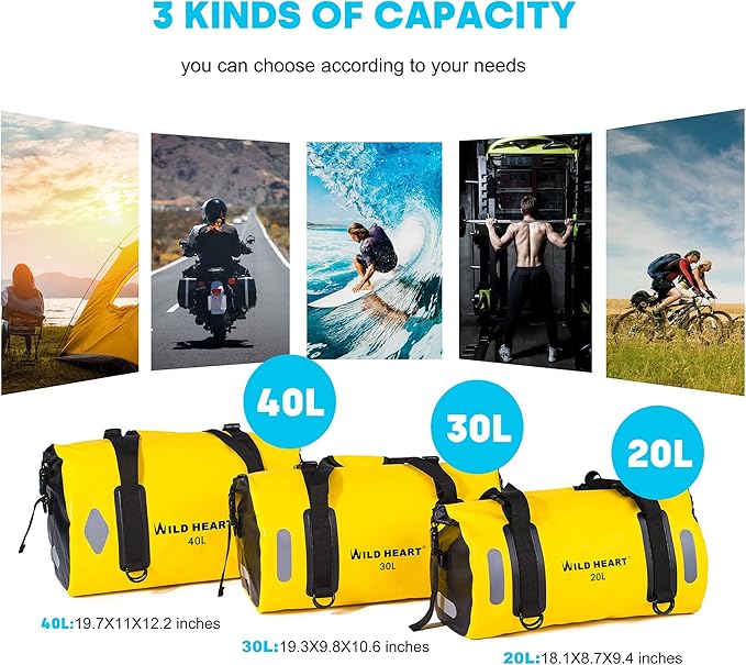 WILD HEART Waterproof Bag Duffel Bag 20L 30L 40L with Welded Seams Shoulder Straps Mesh Pocket for Kayaking Camping BoatingBicycleMotorcycle