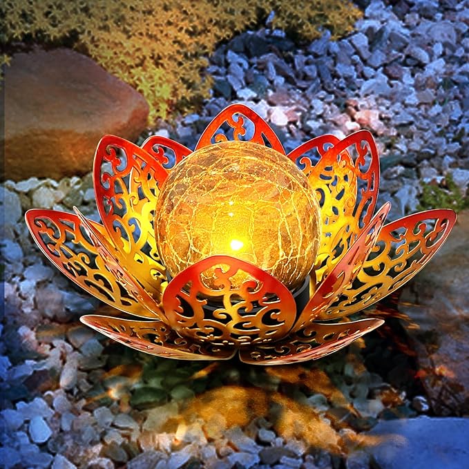 3 Pack Solar Lights Outdoor Garden 6.3  Glass Lotus Lamp Waterproof LED Metal Flower Lights Outdoor Garden Table Decor for Outside Balcony Patio Deck Porch Walkway