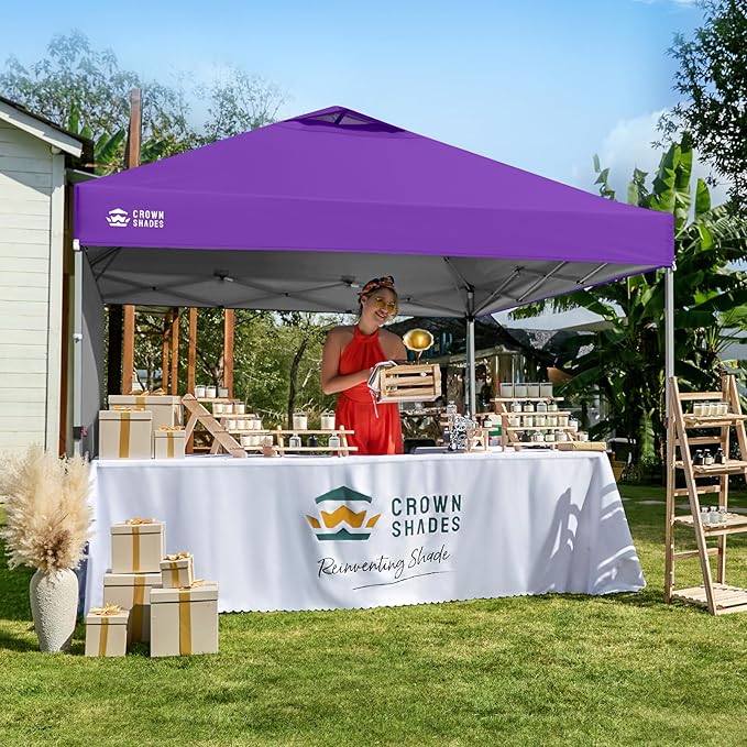 CROWN SHADES 10x10 Pop Up Canopy with 1 Side Wall - Beach Tent with One Push Setup - Outdoor Sun Shade for Events Parties Camping - Gazebo with STO-N-Go Cover Bag (Purple)