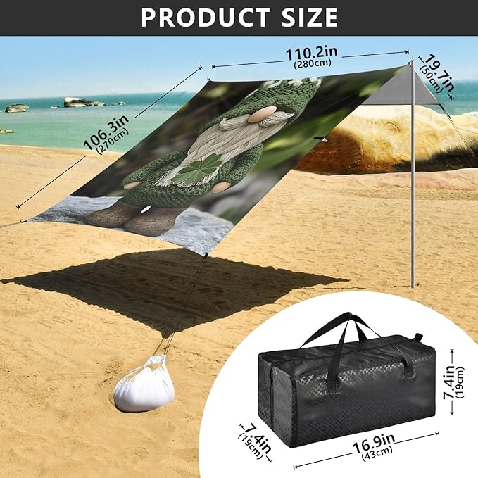 ALAZA Patrick's Day Gnome with Clover Beach Tent Sun Shelter Portable Canopy Sunshade for Outdoor Camping Picnics Backyard Fun 10x9 ft