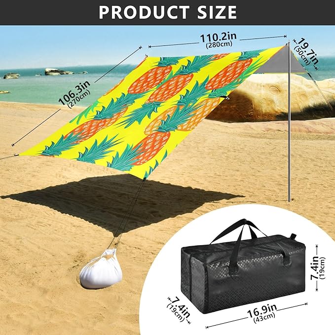 Beach Canopy with Windproof Ropes &amp Sandbags Beach Tent Sun Shade Sun Shelter for Camping Trips Fishing Backyard Fun or Picnics Pineapples