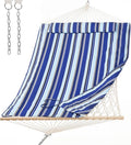 SUNCREAT 2 Person Hammock with Hardwood Spreader Bar Outdoor Rope Hammock with Polyester Pad 475 lbs Capacity Blue Stripes
