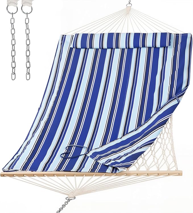 SUNCREAT 2 Person Hammock with Hardwood Spreader Bar Outdoor Rope Hammock with Polyester Pad 475 lbs Capacity Blue Stripes