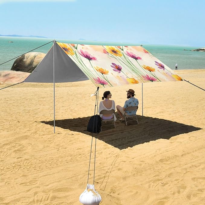 Wildflowers Beach Canopy Sun Shelter with Sandbags &amp Sand Shovel &amp Windproof Ropes - Portable 110x126 Beach Shade Beach Tent for Camping Picnics