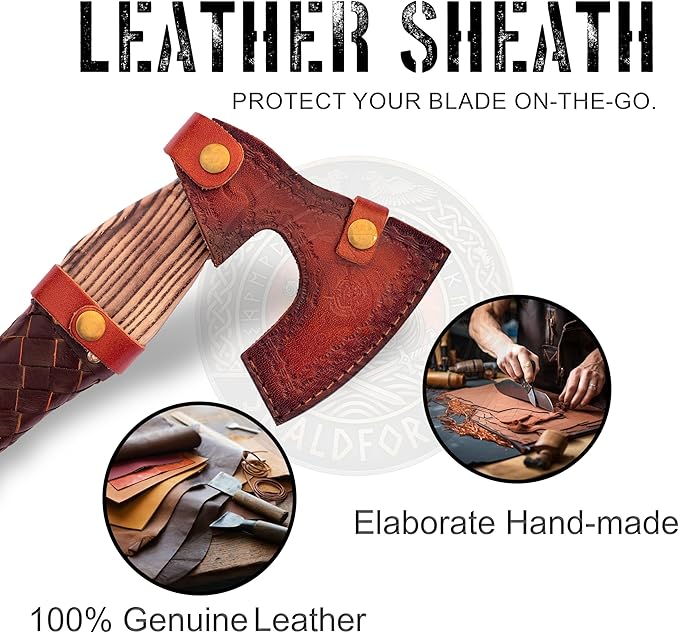 Hand Forged Carbon Steel Viking Style Bearded Axe with Leather Sheath - Real Hatchet Throwing &amp Camping Axe with Leather Wrap Best Gift for Wedding Anniversary Valentines Day Birthday Gift for